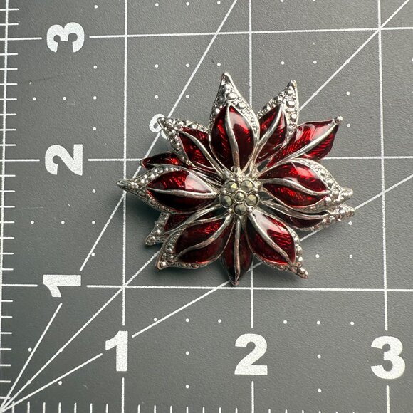 Red & Silver-Tone Poinsettia Brooch With Enamel Petals & Rhinestone Accents - Picture 4 of 4